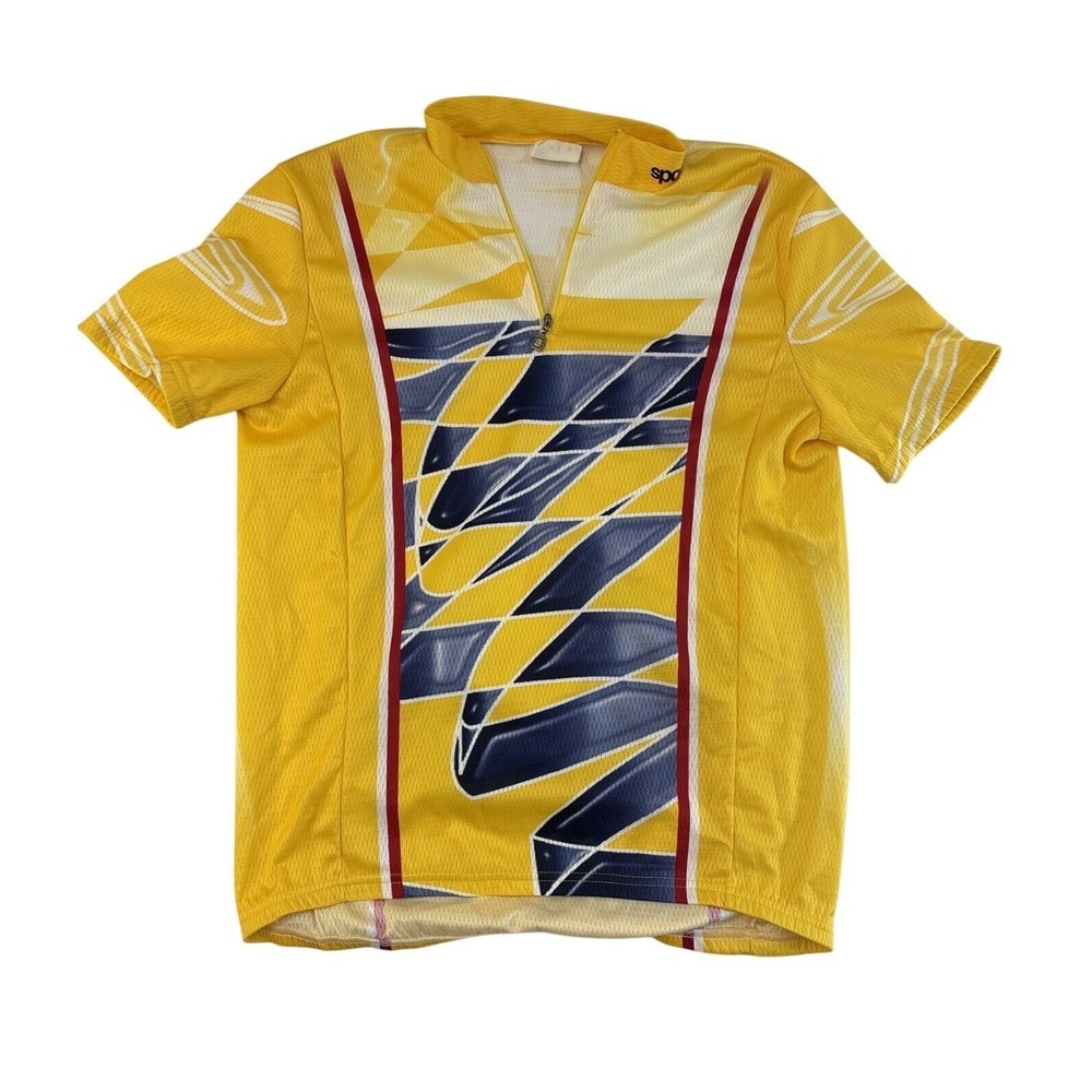 Sportful Men Cycling Jersey Large Yellow Blue Geometric Quarter Zip Short Sleeve